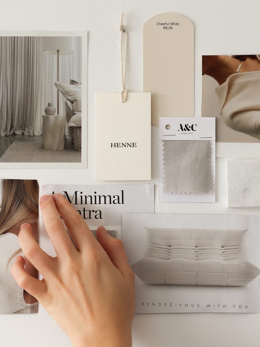 Fabric swatches and brand tags laid out for a product launch