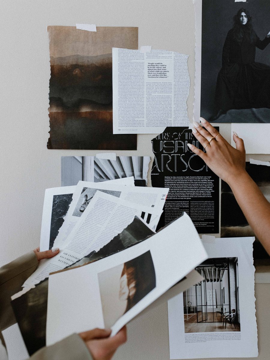 A wall of visual references pinned for a brand direction